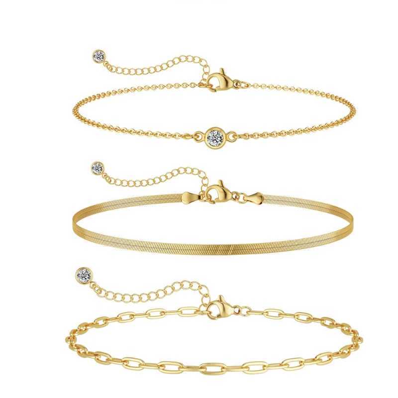 3pcs 14K Gold Plated STAINLESS Waterproof Bracelet Sets for Women Girls Snake Chain Cuban Link Cuff Bangle Stackable Bracelets XJ250707