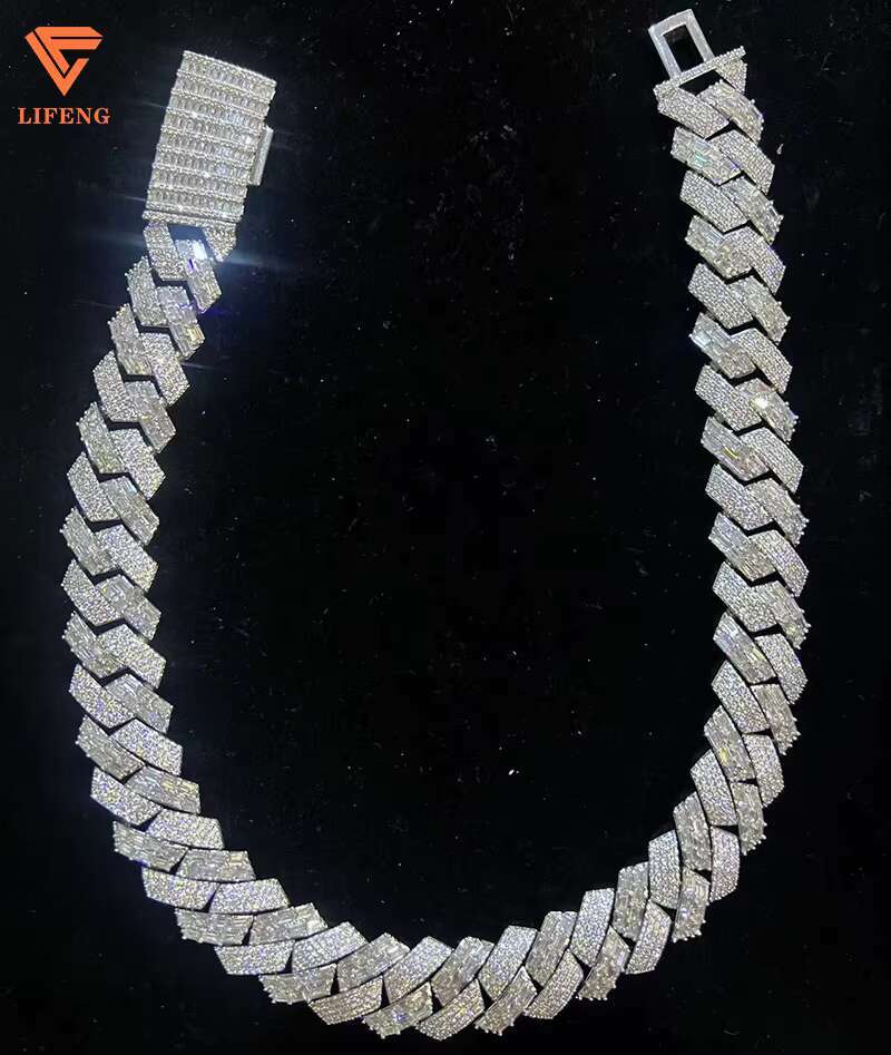 Fashionable Mens Silver VVS Moissanite Diamond Baguette Cut Pearl Cuban Link Chain Hip-hop Rapper Singer Style GRA Certificate