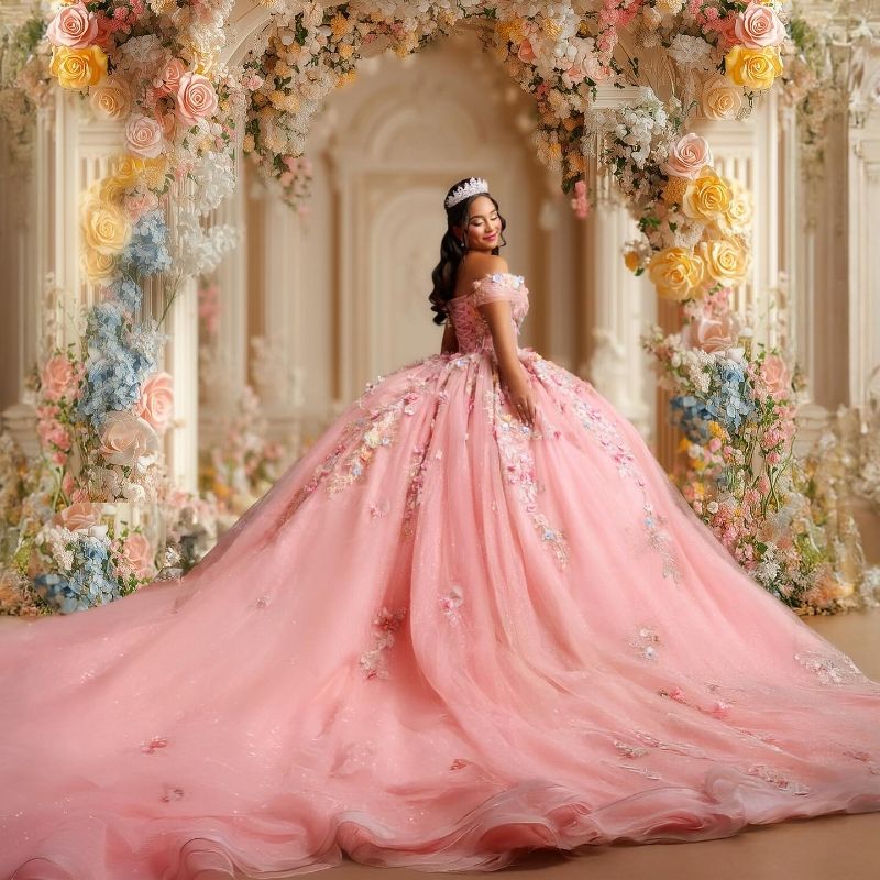 Pink Shiny Quinceanera Dresses Ball Gown Off Shoulder Appliques Flower Beading Tull Corset Sweet 16 Dress Vestidos 15 De Anos