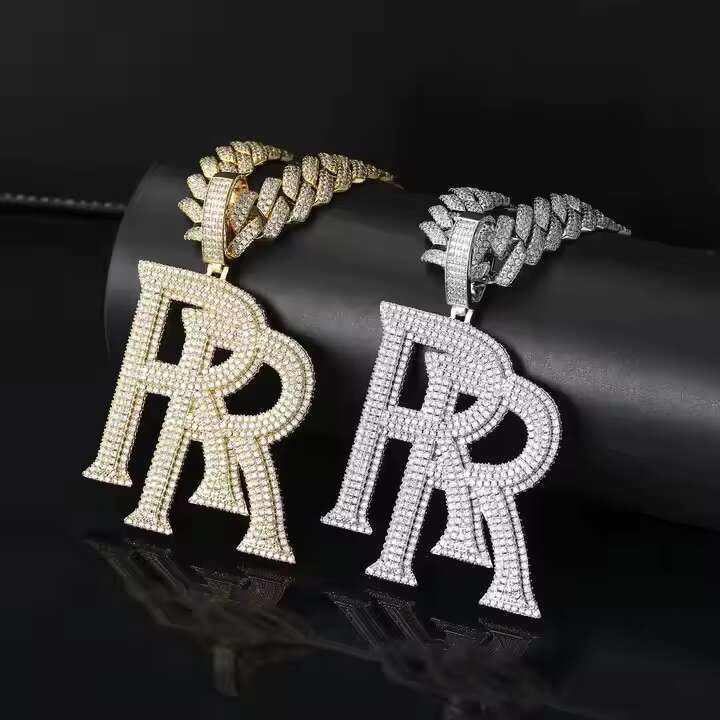 Plated Fashion Gold Pendant Necklace Hip Hop Style RR Shape Brass with Iced Out Moissanite on Rope Chain for Anniversary OACOCA