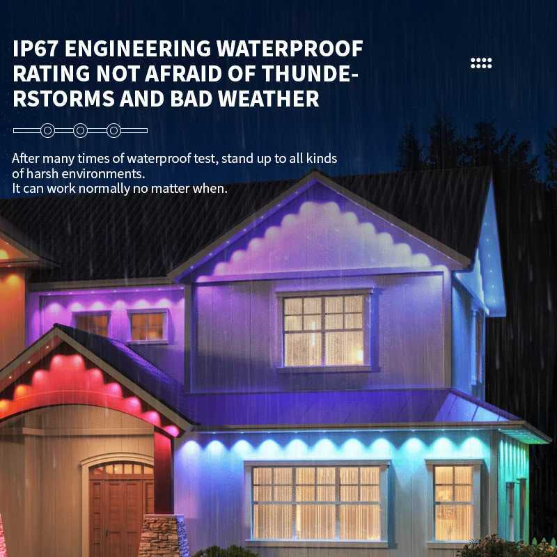 15M-90M RGB Eaves LED Lights Permanent Outdoor Light String APP Bluetooth Strip Scene Modes Full House Christmas Wedding Light W250701