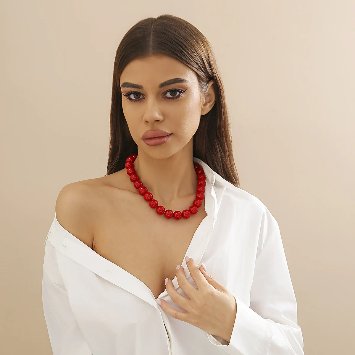 Salircon Gothic Simple Acrylic Red Black Big Ball Bead Chain Necklace Womens Y2K Korean Clavicle Trendy Party Jewelry 250704