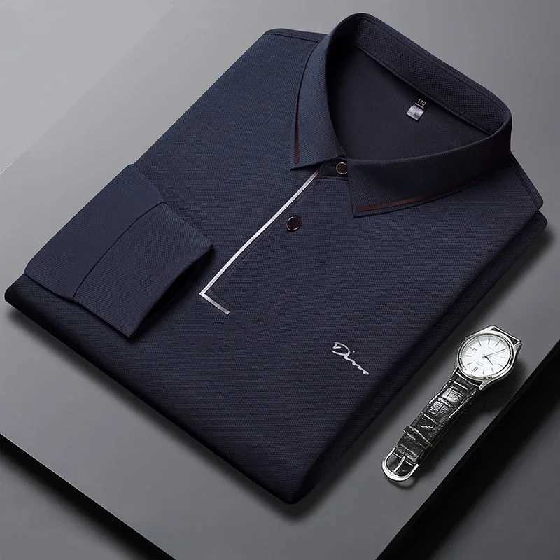 New Mens Business Casual Long Sleeved Shirt with Badge Solid Color Polo Shirt Fashionable Breathable Comfortable Versatile Top Y250708 Y250708