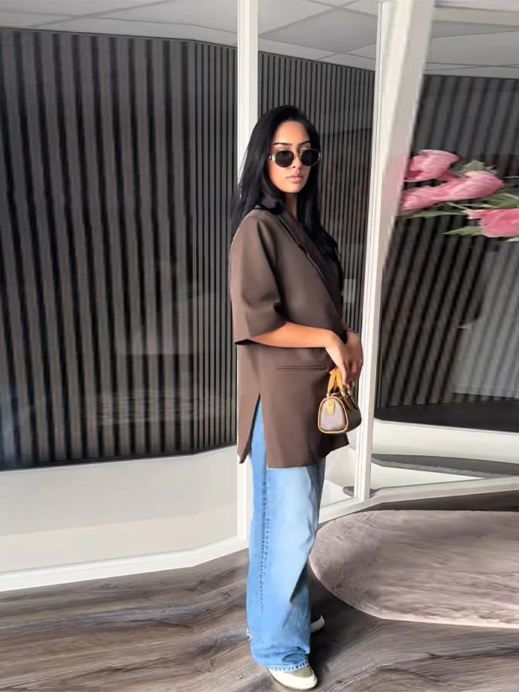 Short Sleeve Oversize Suit Jacket Women Elegant Turndown Collar Covered Button Summer Blazers Fashion Office Lady Outerwear 250625