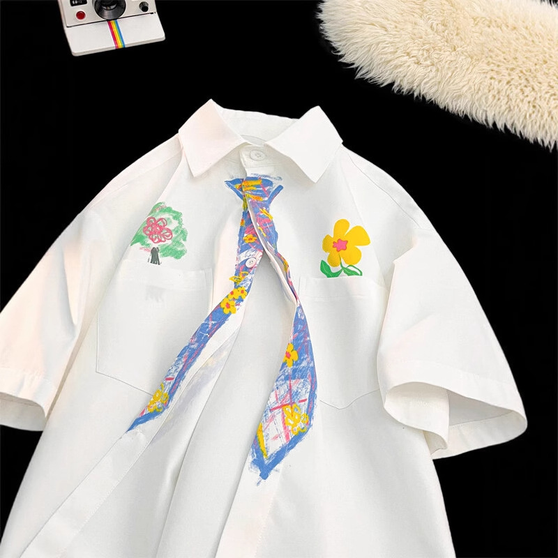 Crayon Hand-painted Tie Short Sleeve Shirt Men Summer College Style Printed T-shirt Designer Short Sleeves Loose Plus Size Fun Graffiti Shirt
