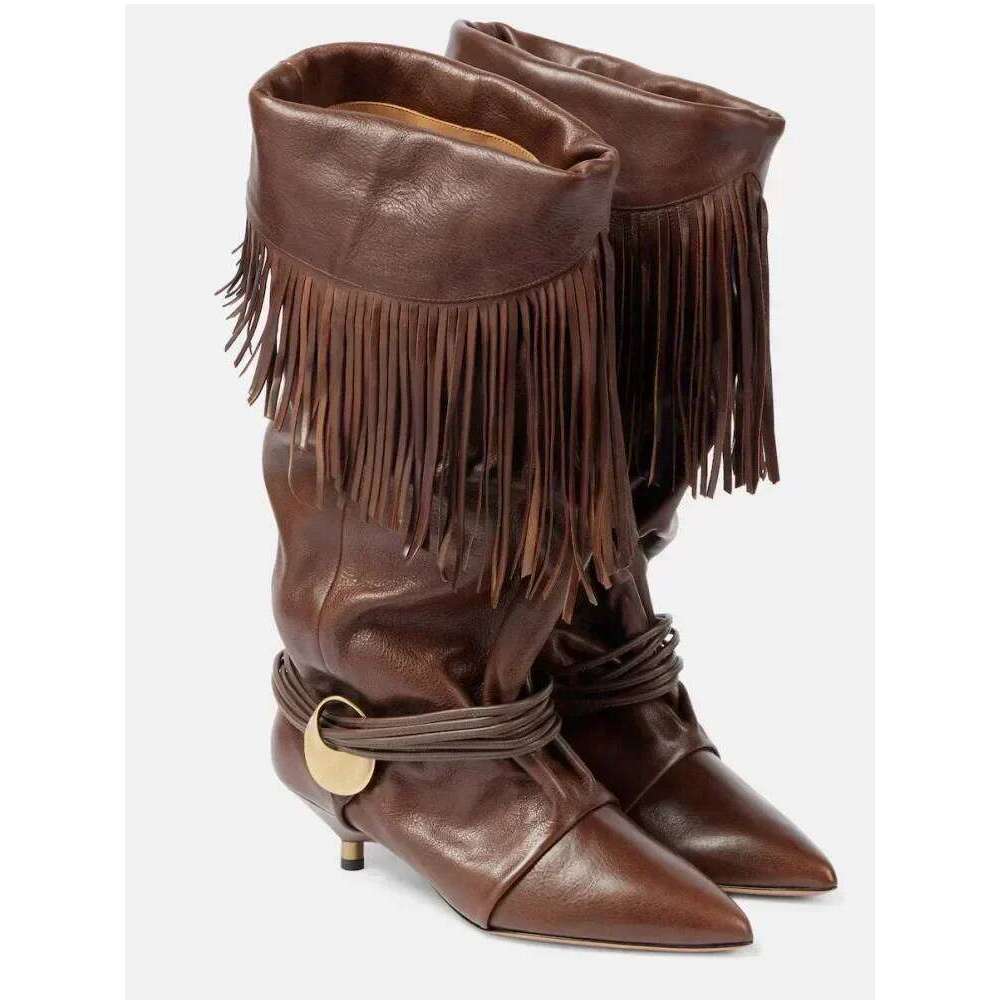 European And American Women's New Pointed Pleated 5Cm Thin Heel Fringed Calf Knight Boots, Plus Size Mid Length Boots
