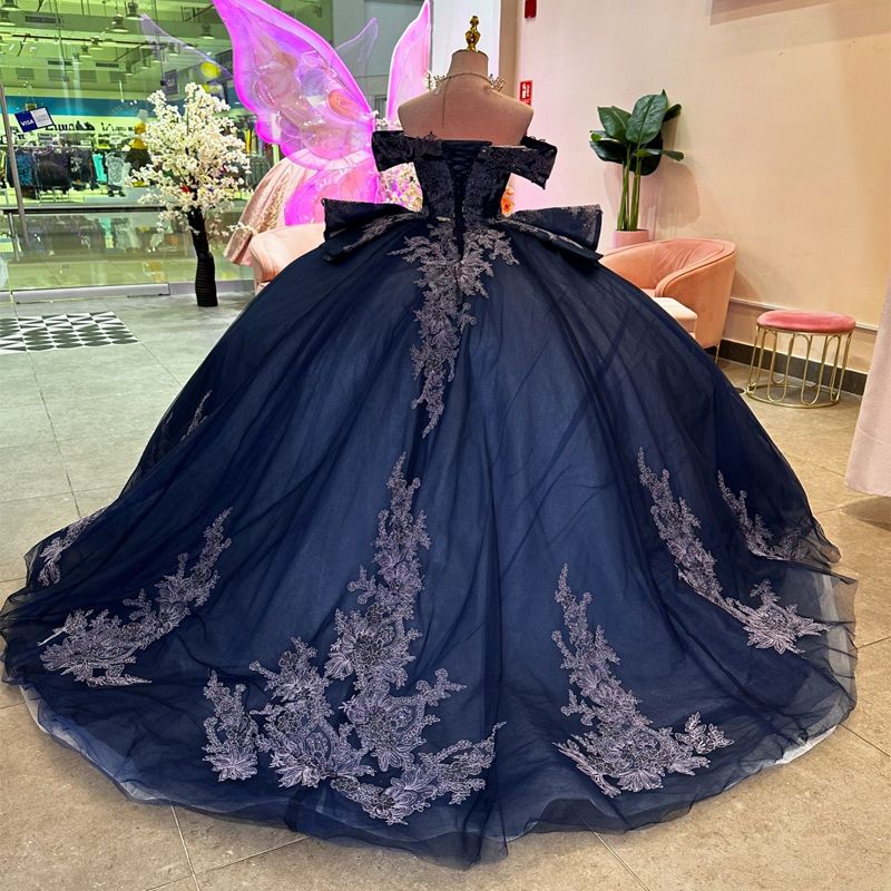 Navy Blue Shiny Quinceanera Dresses Off Shoulder Applique Lace Beads Tull vestidos 15 de anos Ball Gown Birthday Party Sweet 16 Dress