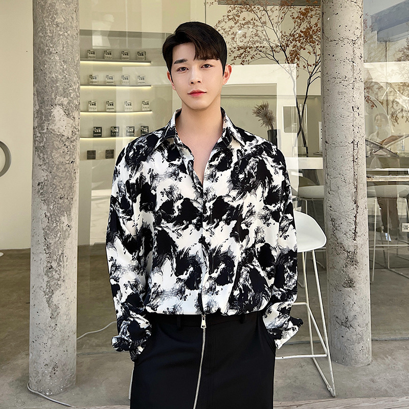 Summer Designer Short Sleeves Retro Ink Painting Print Flowy Shirt Men Long Sleeve Korean Version Loose Cool High-end Shirt Hairstylist