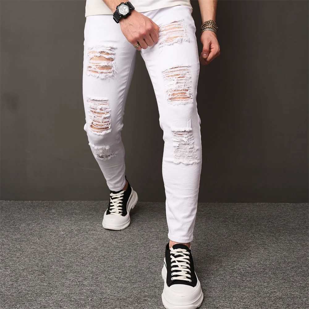 Streetwear Holes Skinny Jeans Stylish Men Stretch Slim Trousers Distressed Ripped Solid Male Casual Pencil Denim Pants XJ250707