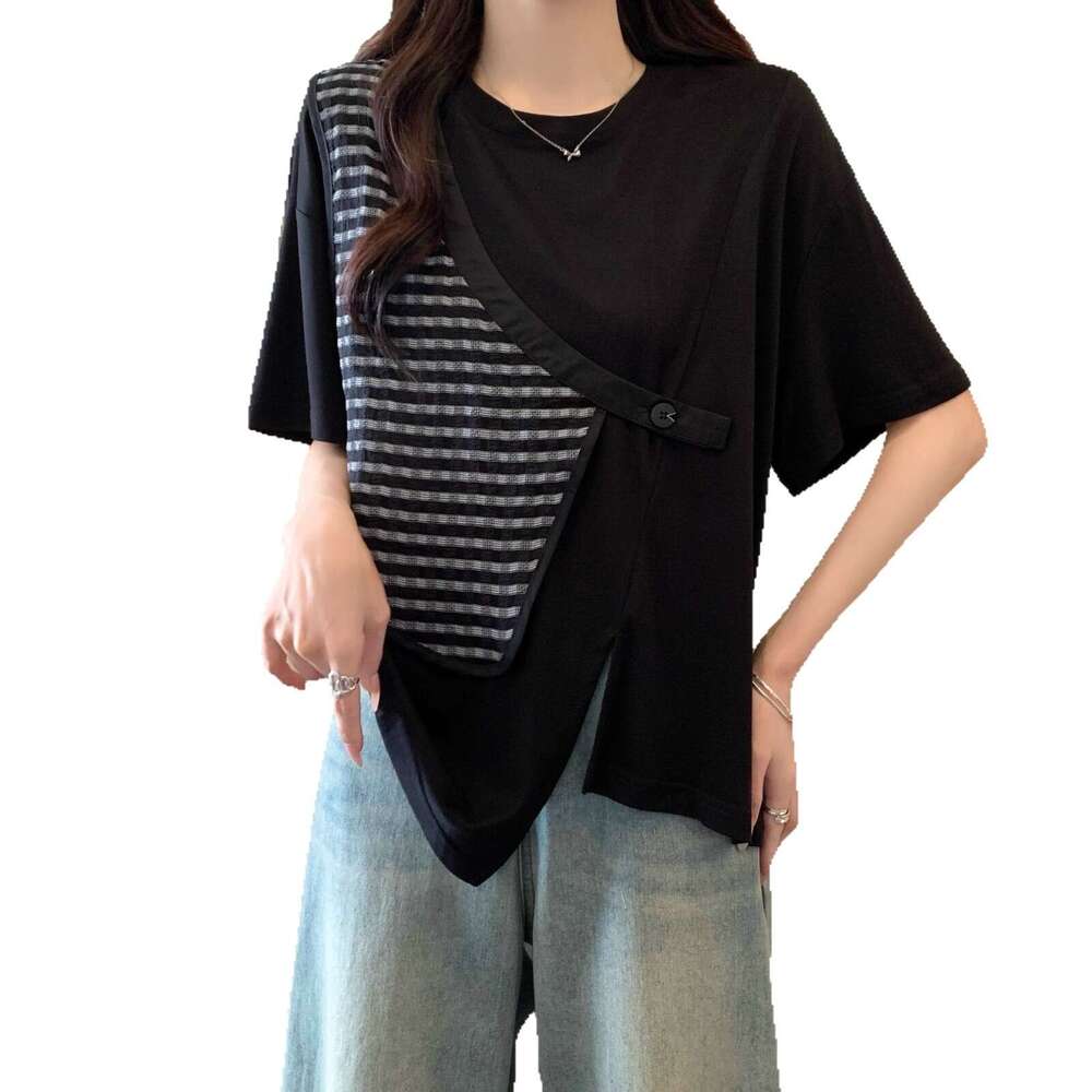 100% Cotton Plus Size Irregular Plaid Patchwork Regular Shoulder Short Sleeve T-Shirt For Women Summer New Loose Slimming Covering Top B5