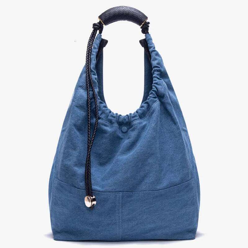 Designer Luxury Large Capacity Shopper Women High Quality Blue Denim Black Woven Drawstring Tote Fashion Show Style Casual Shoulder Bag