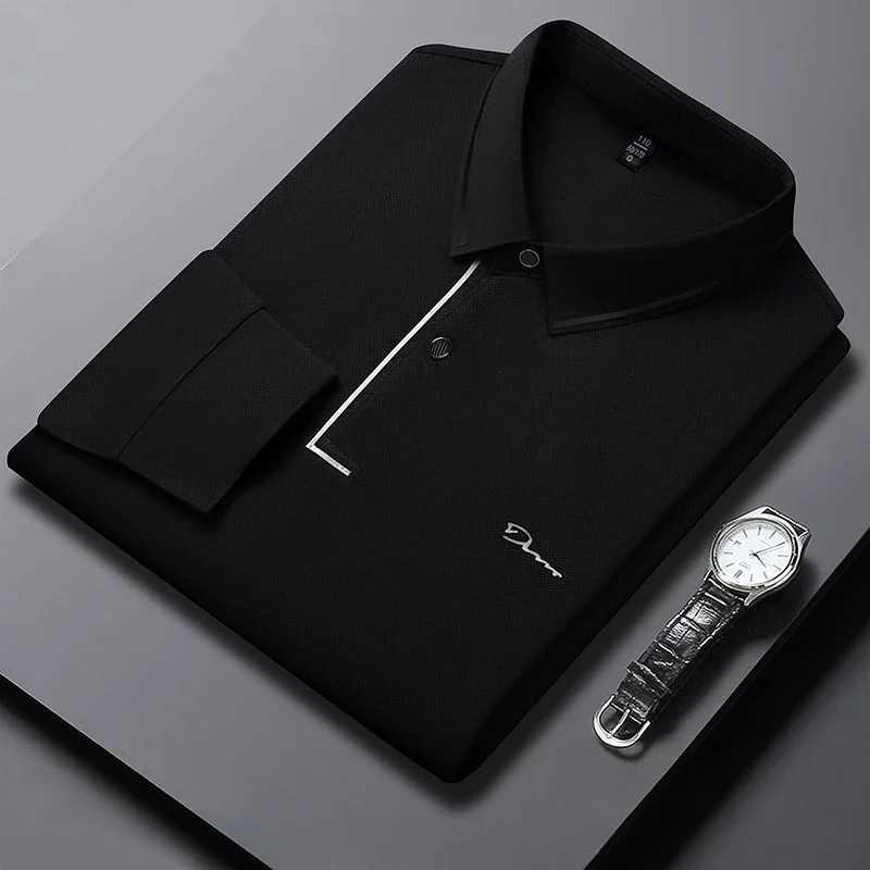 New Mens Business Casual Long Sleeved Shirt with Badge Solid Color Polo Shirt Fashionable Breathable Comfortable Versatile Top Y250708 Y250708