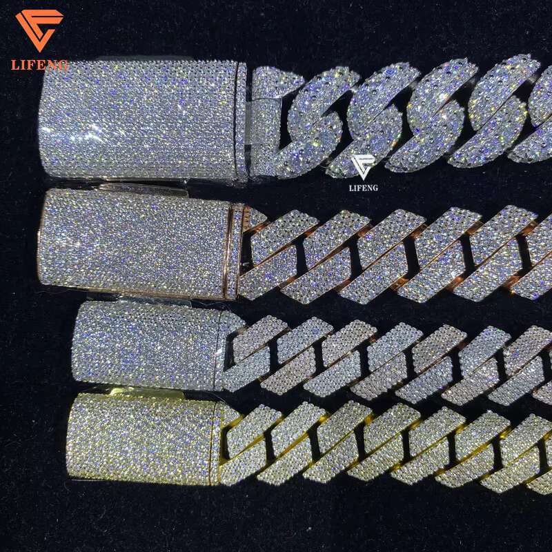 Lifeng S925 Cuban Link Necklace for Men 15-20mm Box Chain with VVS Moissanite Ice Diamond Rappper Gift Jewelry