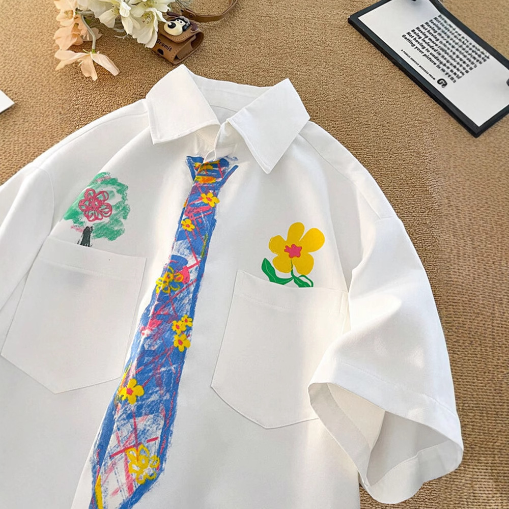 Crayon Hand-painted Tie Short Sleeve Shirt Men Summer College Style Printed T-shirt Designer Short Sleeves Loose Plus Size Fun Graffiti Shirt