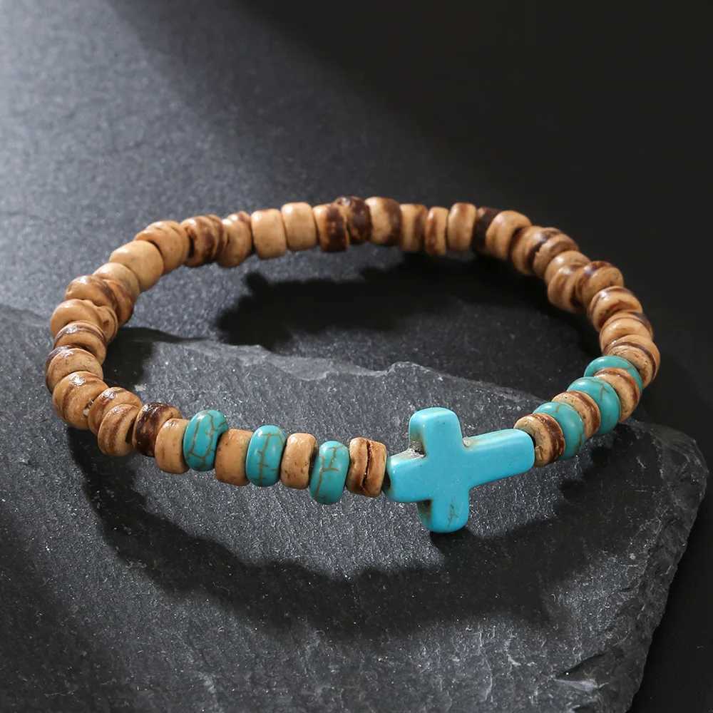 Bohemian Coconut Shell Wood Chips Cross Bracelet For Men Retro Handmade Beaded Jewelry Fashion Accessories Gifts XJ250707