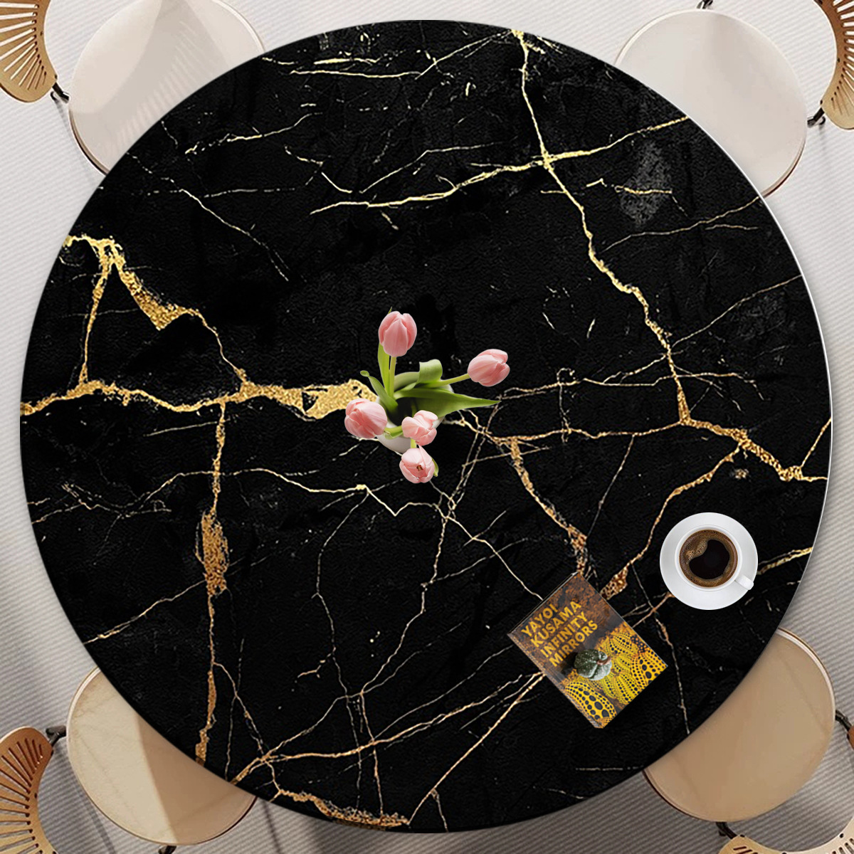 Marble pattern round all-inclusive table cover tablecloth printed dining table round tablecloth dustproof and waterproof elastic dining P5MM01