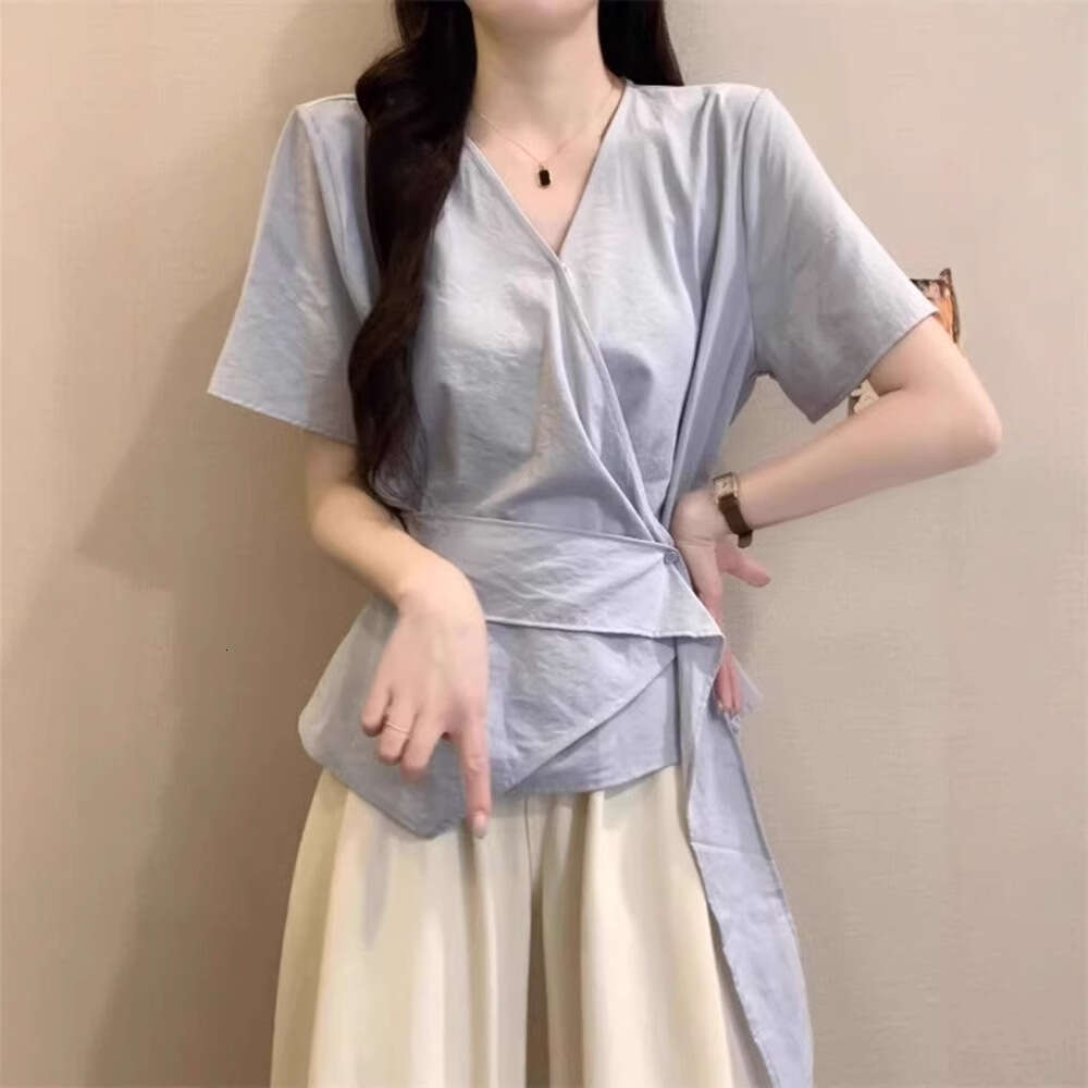 Cloud Wrinkle Short Sleeve Shirt For Women Summer New Large Size Belly Covering Irregular Waist Slimming Top B5