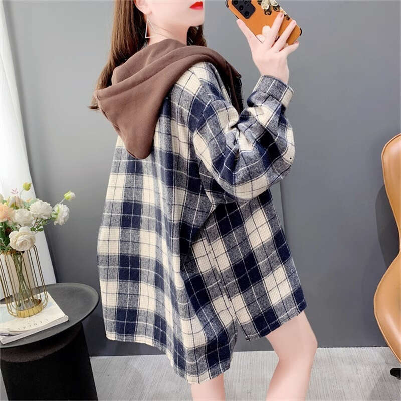 Autumn Winter New Thickened Brushed Plaid Shirt Loose Lazy Style Mid-Length Coat For Women B5