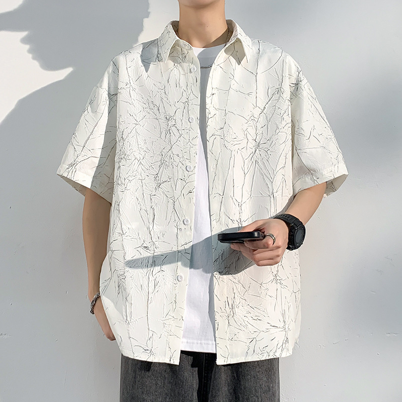 Japanese Style Cityboy Short Sleeve Shirt Men's Summer Trendy Designer Short Sleeves Textured Crack Design Five-quarter Sleeve Shirt Jacket