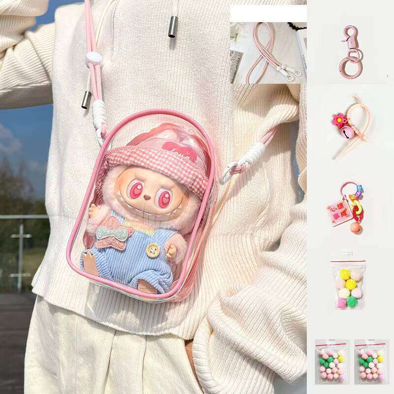 DHgargets Wholesale Cartoon LABUBU Monsters Sit Pose Pink Clear Dustproof Plastic Back Waterproof Shoulder Bag for Gift