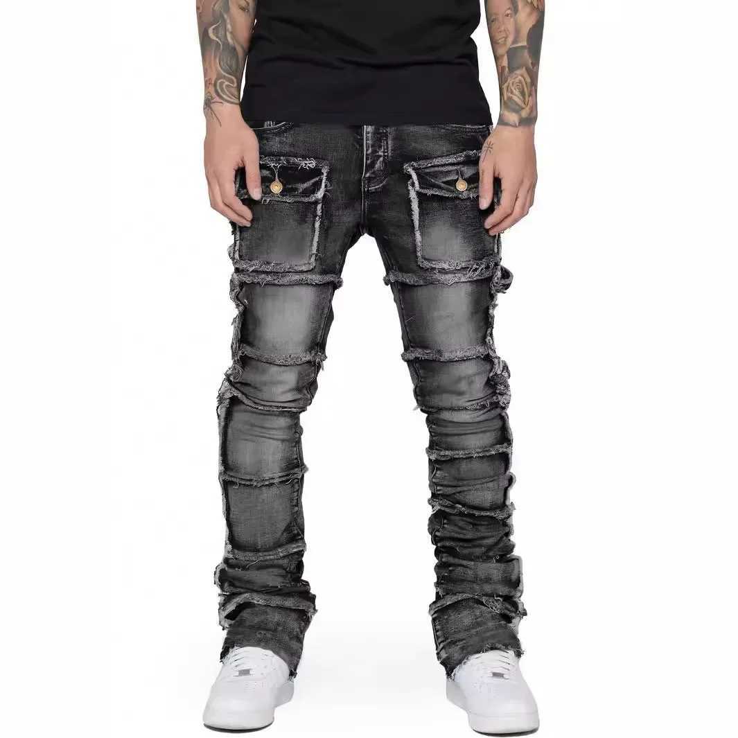 Mens New Wave Stacked Jeans Worn-Out Slim Fit Straight Leg Jeans Fashionable Hip-Hop Denim Pants Casual Streetwear XJ250707