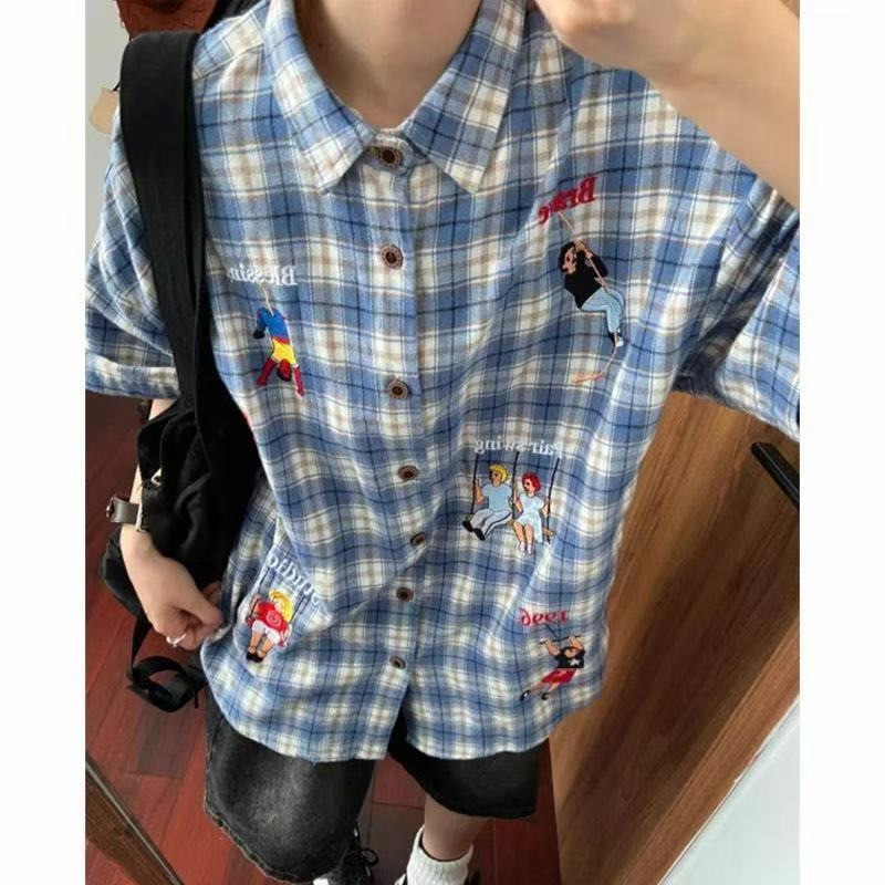 Designer Short Sleeves American Retro Plaid Short Sleeve Shirt For Men, Summer Thin Loose Cartoon Embroidery Shirt With Design Sense, Couple Half Slee