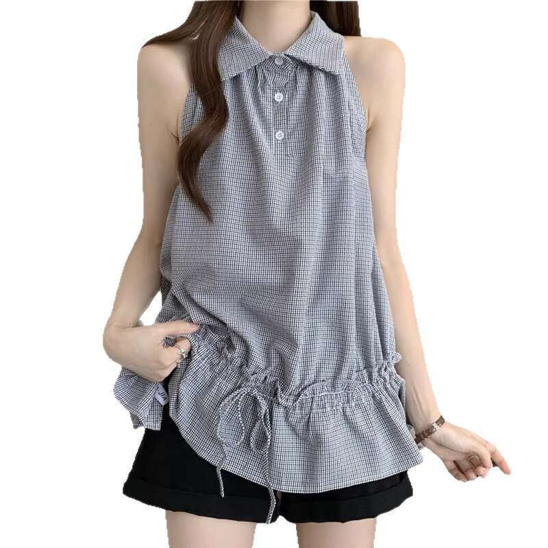 Korean Style Elegant High-End Collared Sleeveless Shirt Summer Design Halter Ruffled Tie Vest Top Trendy B5