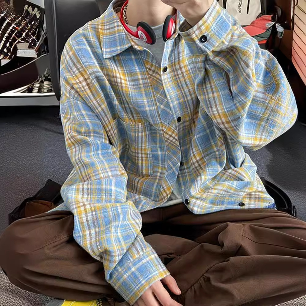 Long Sleeve Shirt Men's 2025 Spring New Korean Style Trendy Japanese Designer Short Sleeves Retro Plaid Plus Size Turn-down Collar Shirt Jacket
