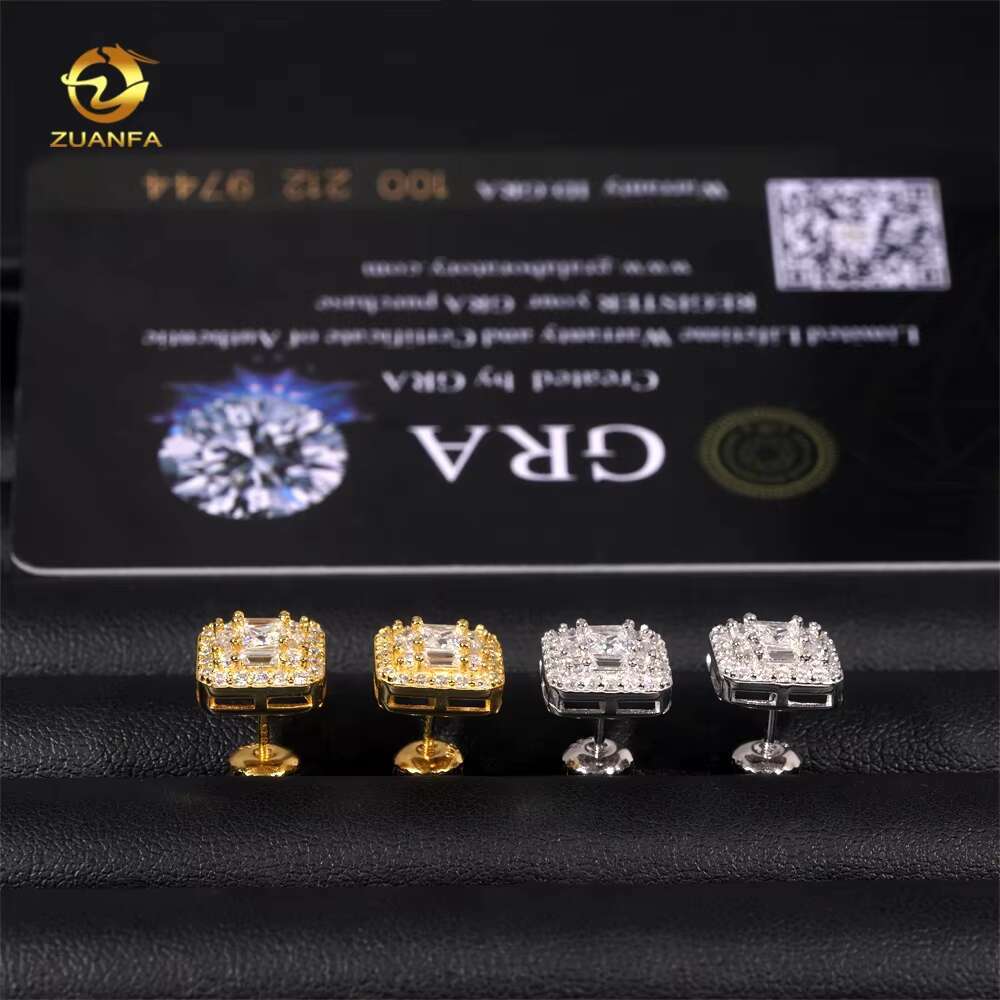 GRA Certificate Hip Hop Screw Back Iced Out Moissanite 925 Sterling Silver Square Mens Diamond Earrings