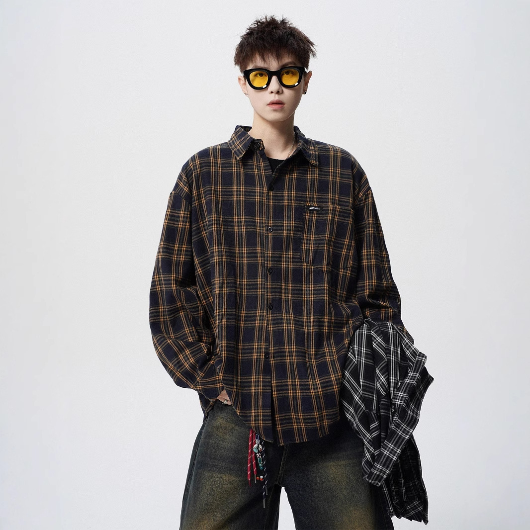 Trendy Brand Color-block Plaid Designer Short Sleeves Shirt For Men Spring American Street Style Casual Long Sleeve Shirt Retro Oversize Couple Top
