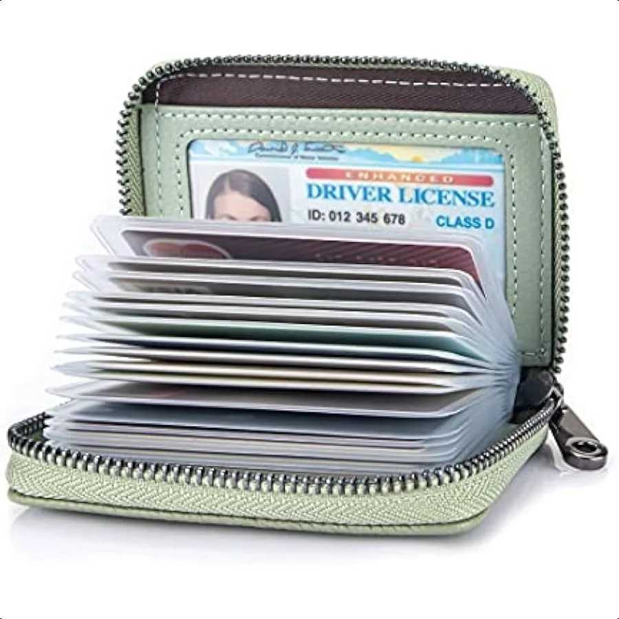 Suweibuke Genuine Leather Wallet Holder RFID Blocking Secure Card Case ID Case Organizer Zipper Wallet Light Green Y250707