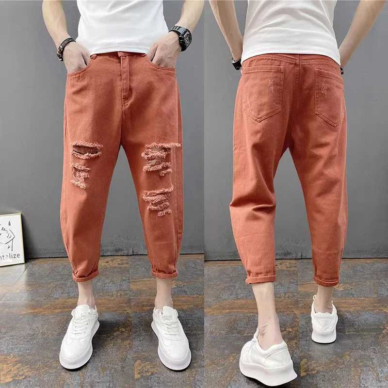 Korean Ankle-Length Distressed Jeans Men White Breathable Slim Fit Ripped Denim Pants Four Season Narrow Leg Harem Mens Trousers XJ250707