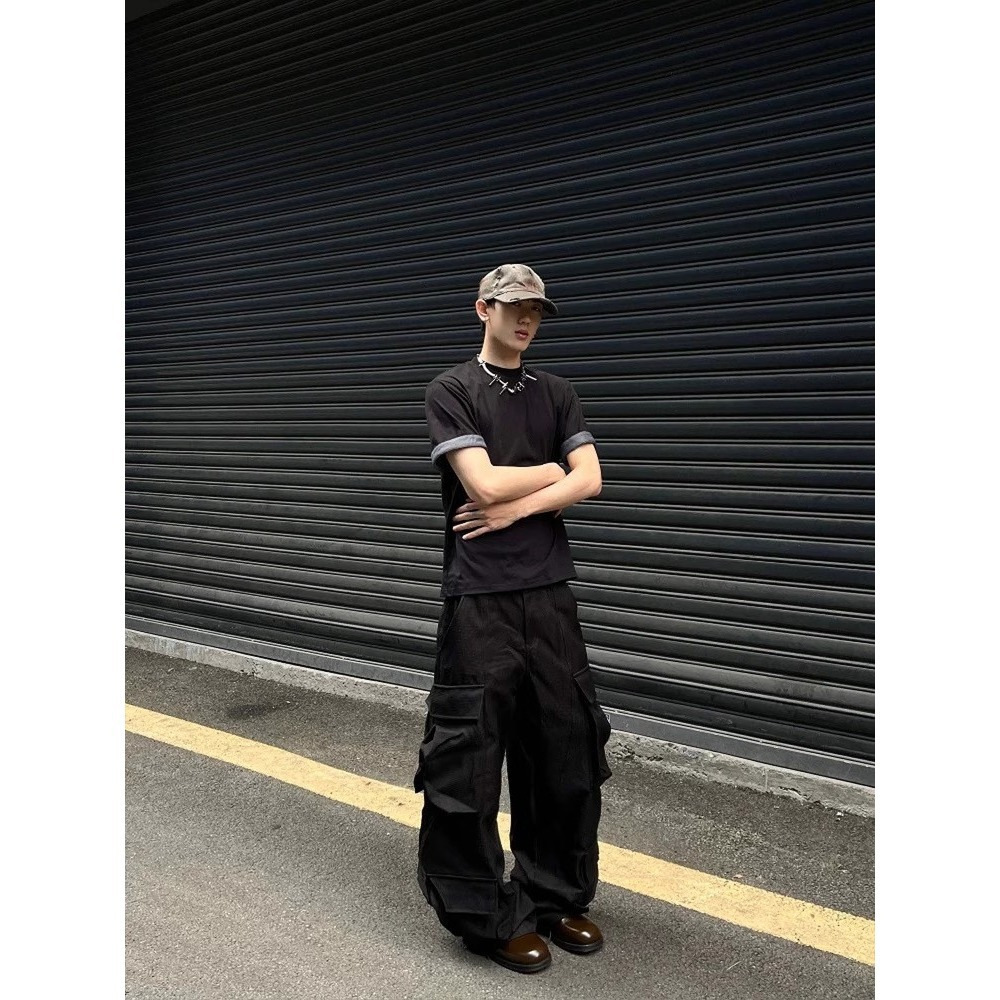 American Style Designer Short Sleeves Heavyweight Color-block Short Sleeve Men's Summer Fake Two-piece Pure Cotton Patchwork T-shirt Men's L