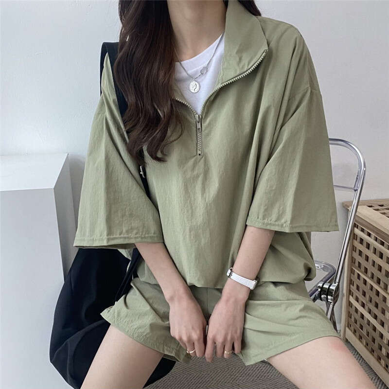 Stand Collar Zipper Short Sleeve For Women Summer New Fashion Casual Sportswear Two-Piece Set Trendy B5