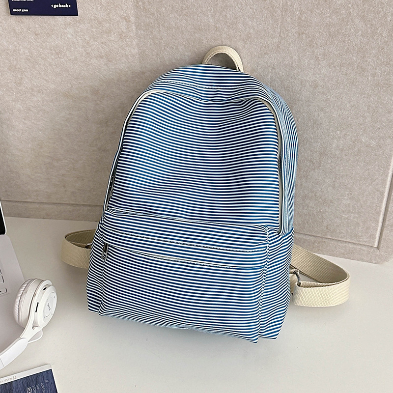 Free shipping designer Korean Style Lazy Style Class Outgoing Travel Large Capacity Schoolbag Blue and White Striped casual Internet Celebrity Hot Sty