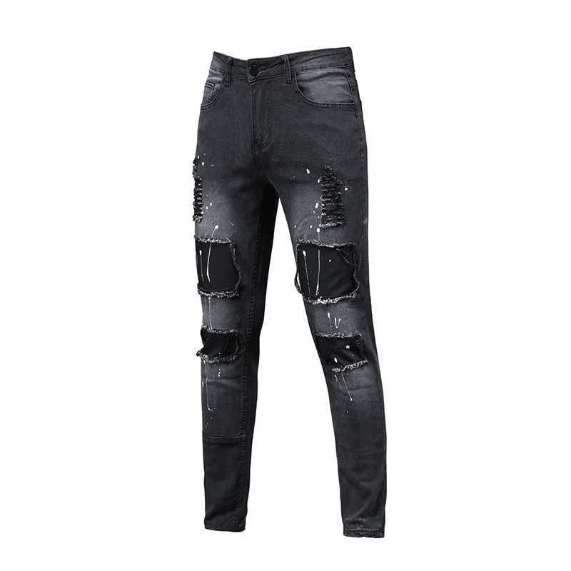 Black 90% Cotton Men Retro Wash Distressed Stretch Ripped Jeans Tight Hole PATCH Denim Pantalones Printing Zipper JoggersXJ250707