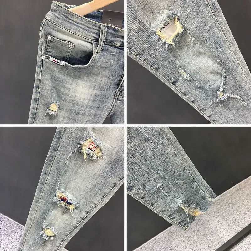 Trendy Korean Style Streetwear Mens Classic Jeans with Holes for Summer Stretchy Distressed Holes Stretch Skinny Pants Male XJ250707