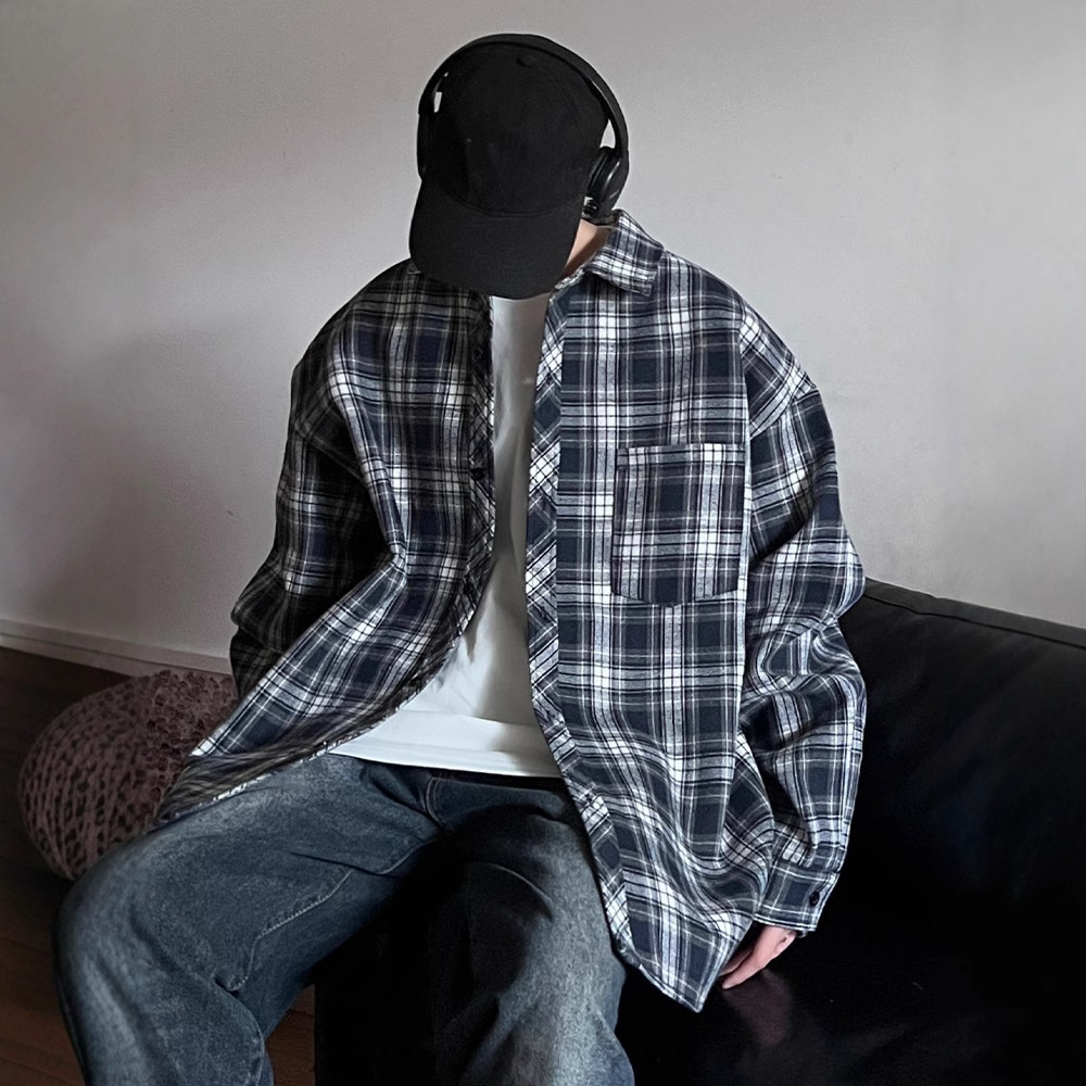 Navy Blue Long Sleeve Plaid Shirt Designer Short Sleeves Men Spring Autumn 2025 New Loose Fit Handsome Casual Turn-down Collar Shirt Jacket
