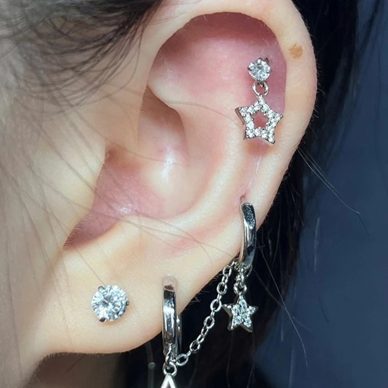 1PCS Silver Color Star Chain Double Ear Hole Ear Bone Nail Y2K Fashion tie Earrings For Women Jewelry 250701
