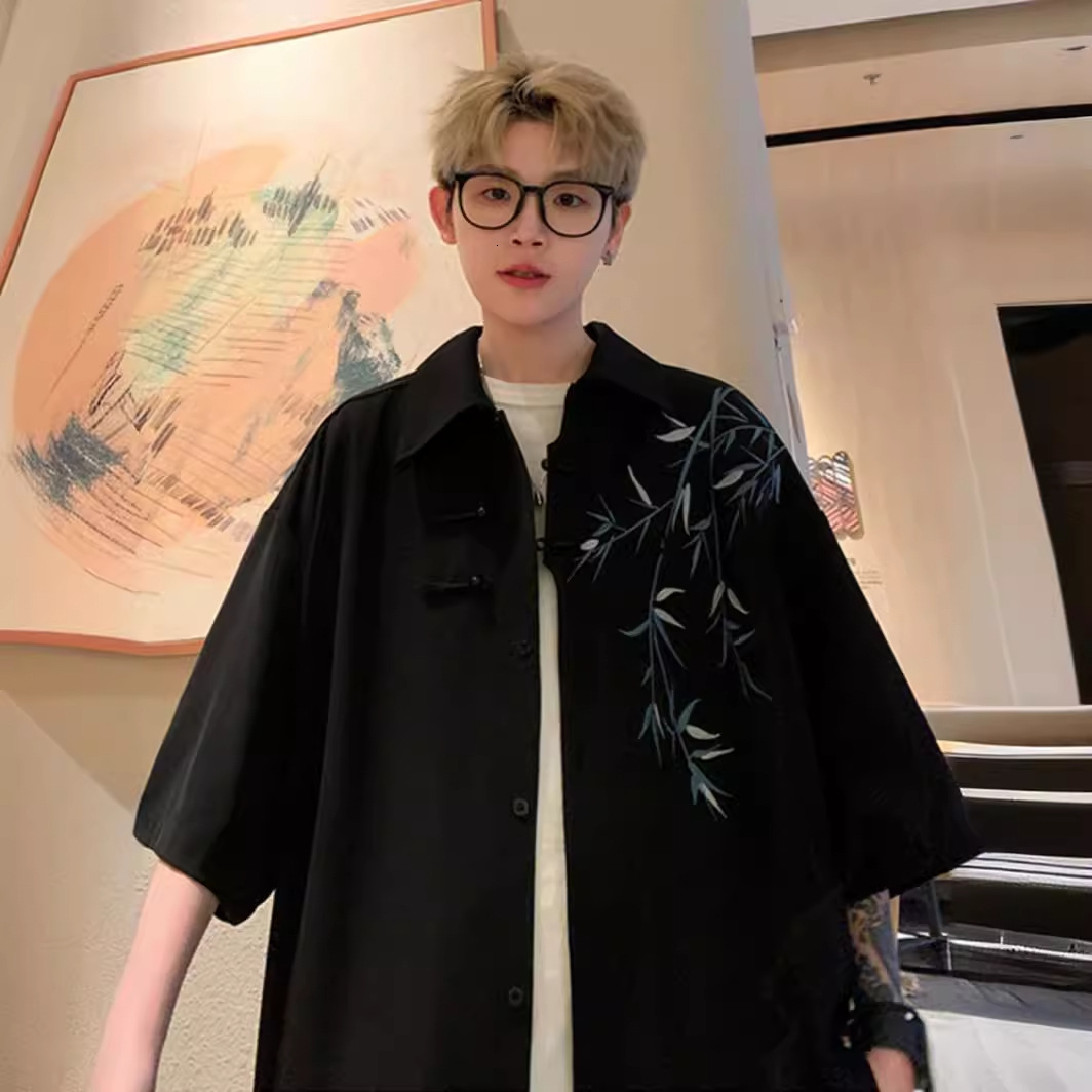 New Chinese Style National Style Short Sleeve Shirt For Men Summer Thin Trendy Brand Designer Short Sleeves Cool Oversized Bamboo Embroidery Loose Hal