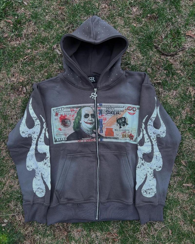 Men's Hoodies Men Trendy Street Style Graphic Zip Up Hoodie Black Streetwear Jacket With Money Print Flame Sleeve Design Why So Serious