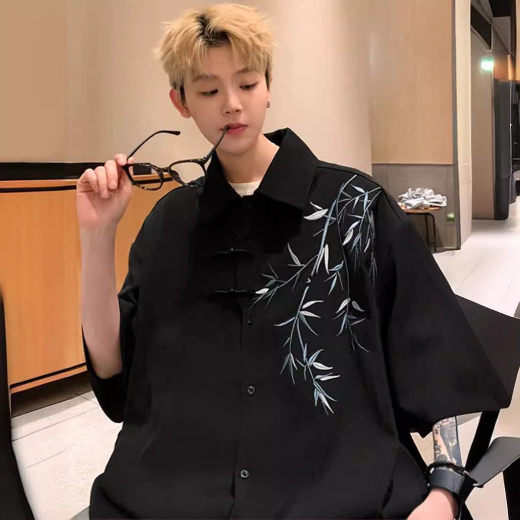 New Chinese Style National Style Short Sleeve Shirt For Men Summer Thin Trendy Brand Designer Short Sleeves Cool Oversized Bamboo Embroidery Loose Hal
