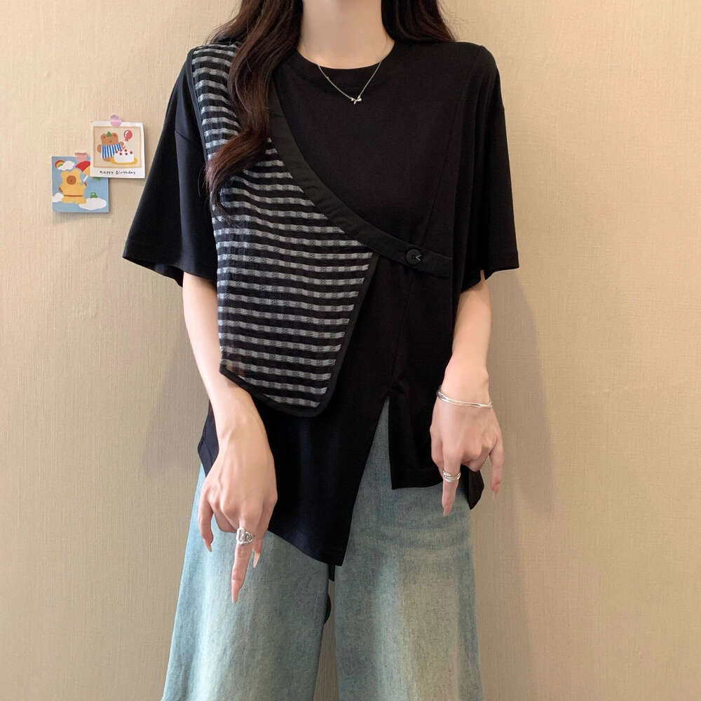 100% Cotton Plus Size Irregular Plaid Patchwork Regular Shoulder Short Sleeve T-Shirt For Women Summer New Loose Slimming Covering Top B5