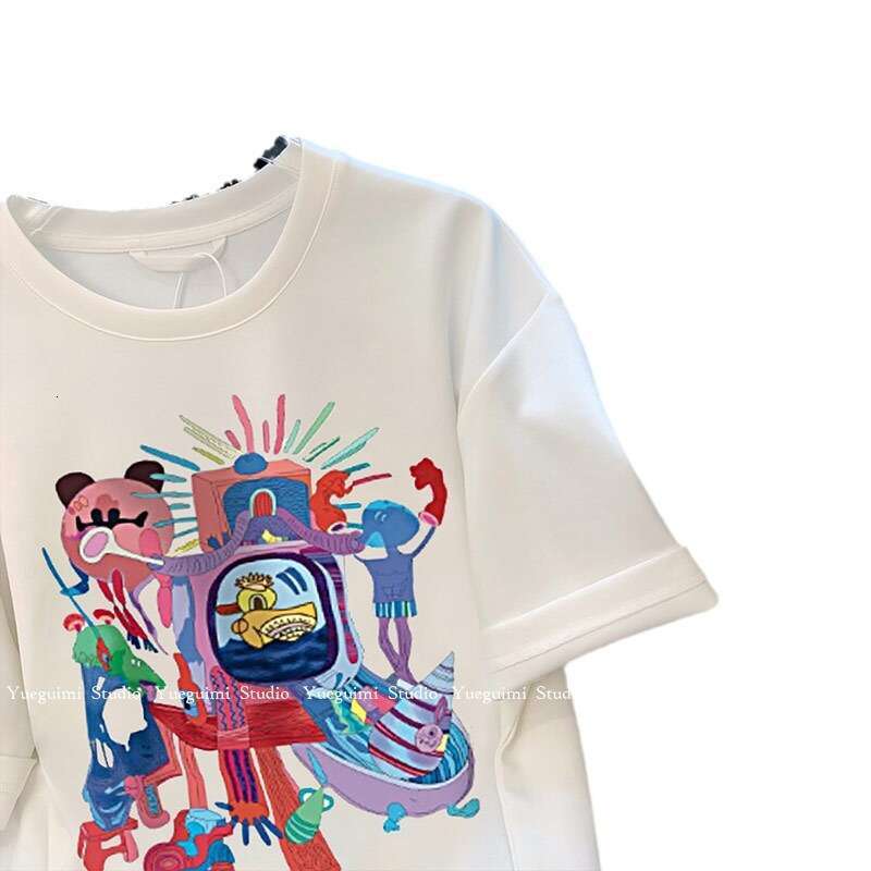 Summer New Fashion Versatile Short Sleeve Women's Cartoon Print T-Shirt Pure Cotton White Layered Inner Wear Korean Style Top B5