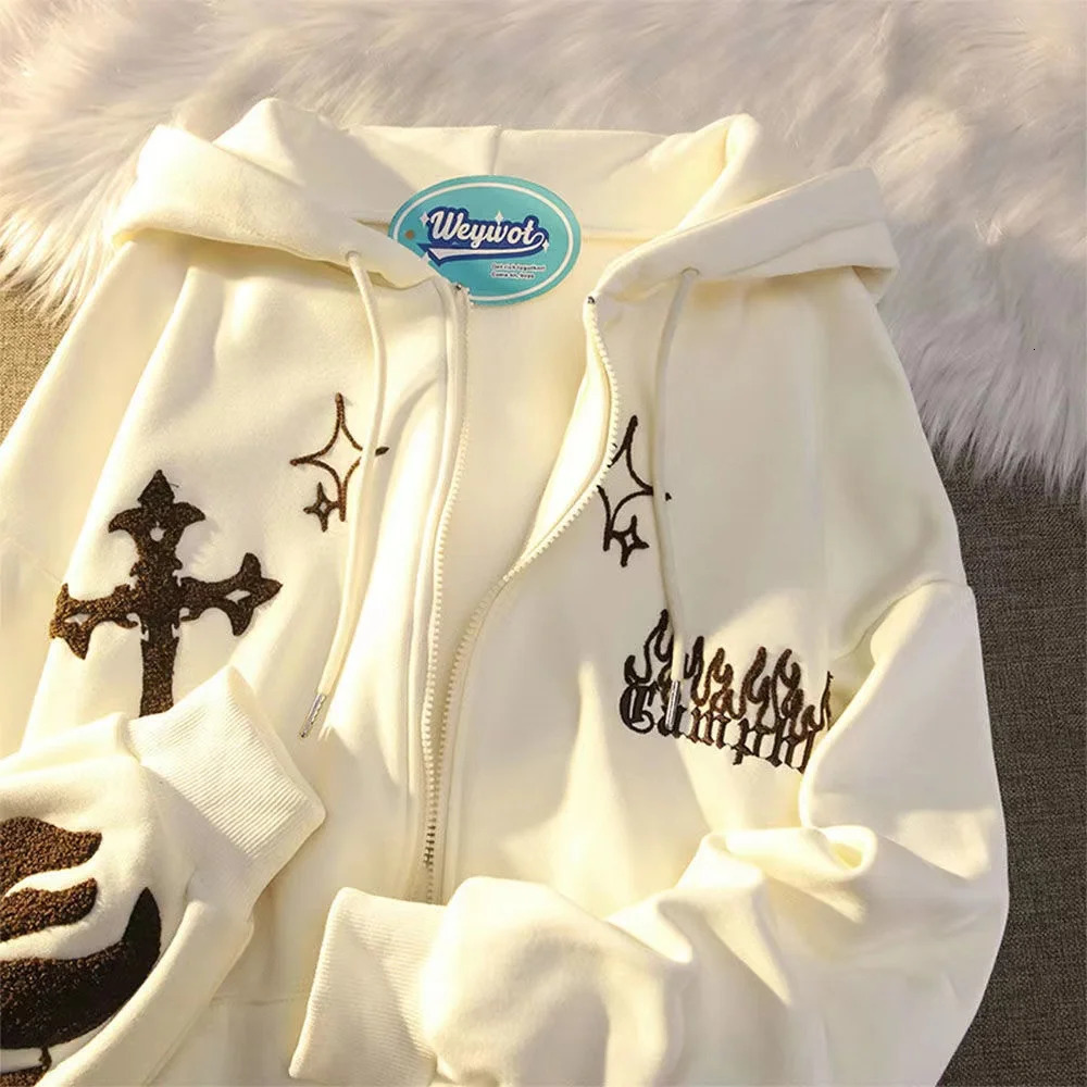 Retro Gothic Print Zipper Hoodie Cardigan Men Street Hip Hop Fashion Trend Sweatshirt Couple Thickened Loose Hoodie Top 250707