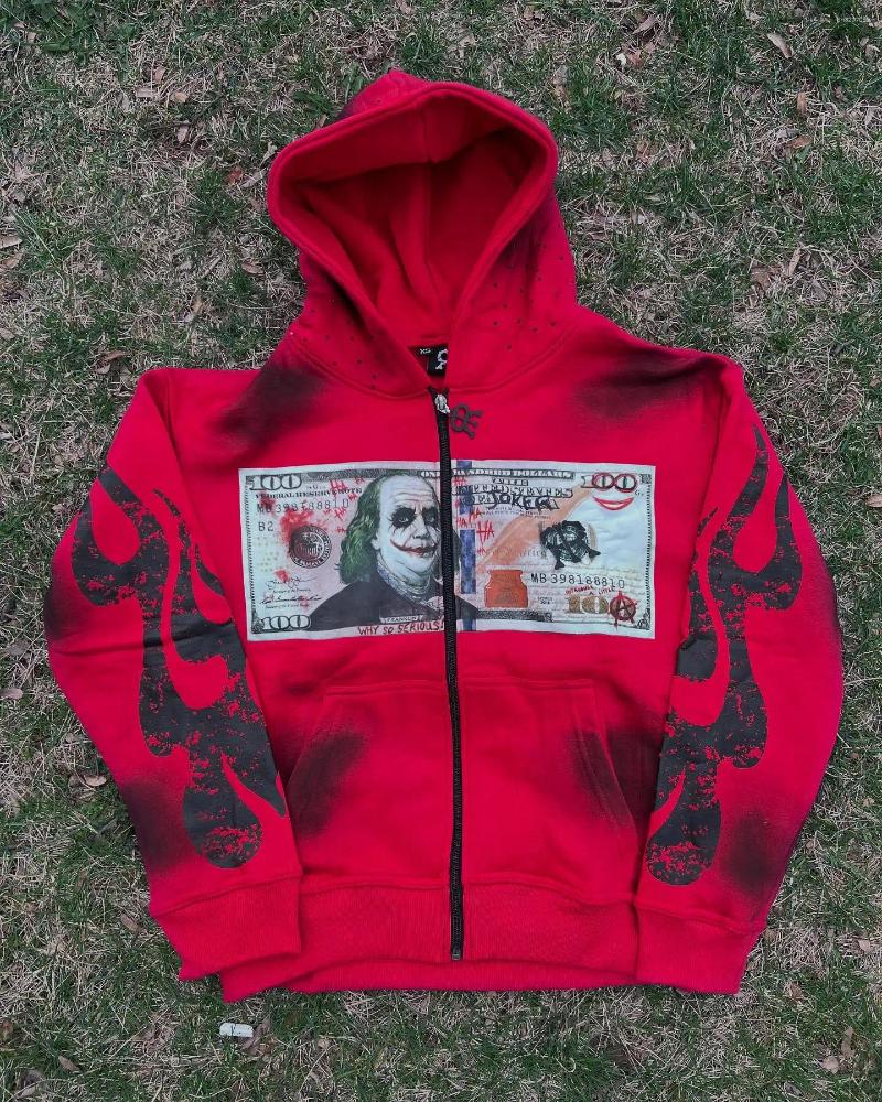 Men's Hoodies Men Trendy Street Style Graphic Zip Up Hoodie Black Streetwear Jacket With Money Print Flame Sleeve Design Why So Serious