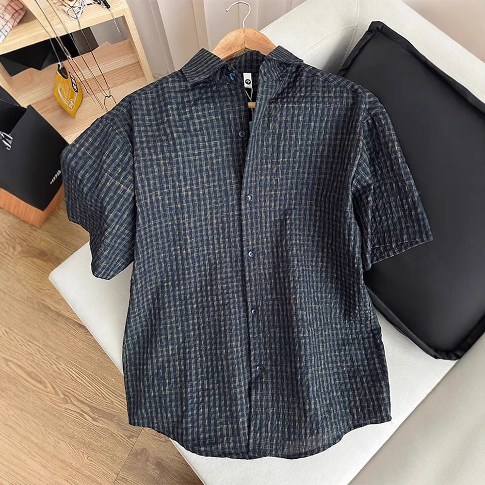 American Retro Bubble Gauze Plaid Shirt Men's Short Designer Short Sleeves Sleeve Summer Thin Sun Protection Loose Lazy Style Half Sleeve Shirt