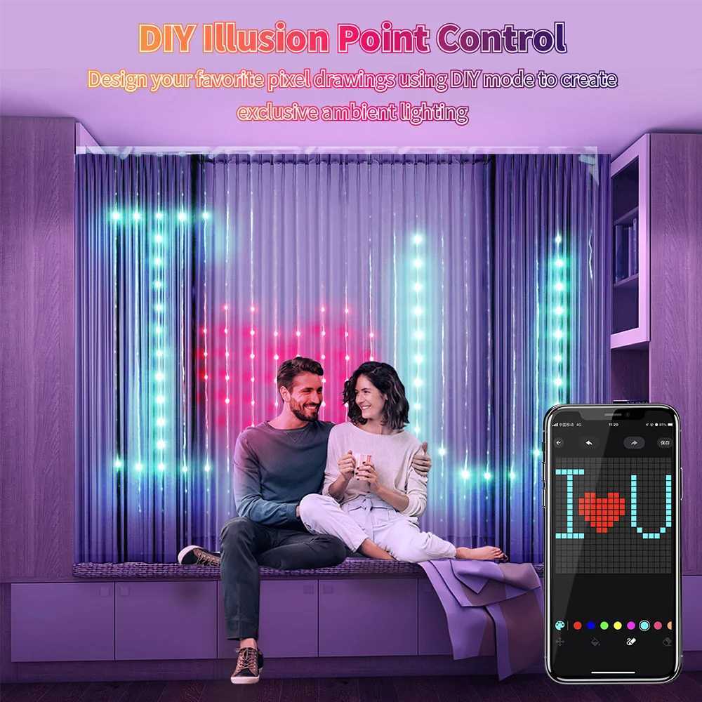 Smart Curtain Lights Bluetooth App Control RGBIC LED String Waterproof Fairy Light USB DIY Text Pattern Display Party Room Decor W250701