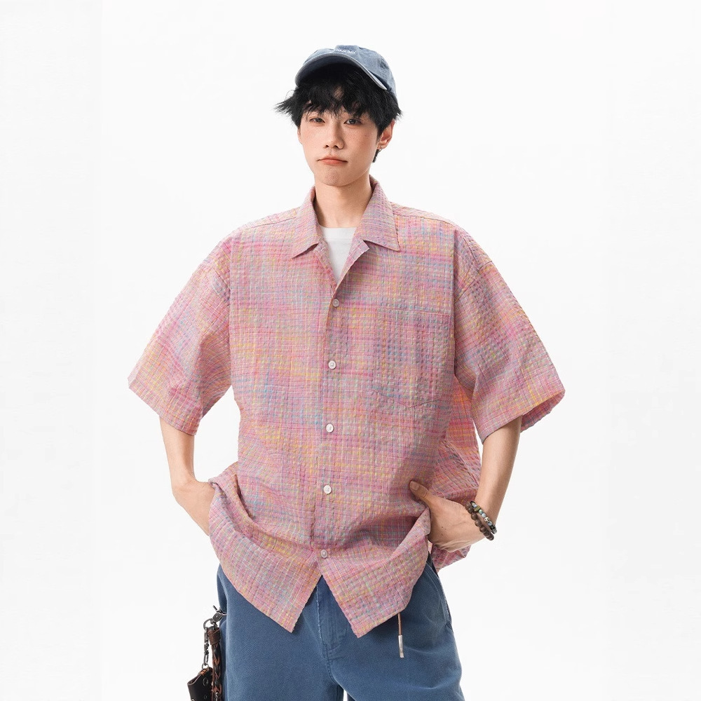 American Style Plaid Bubble Designer Short Sleeves Gauze Short Sleeve T-shirt For Men And Women, Summer Thin Design Sense Half Sleeve Loose Quick-dry 