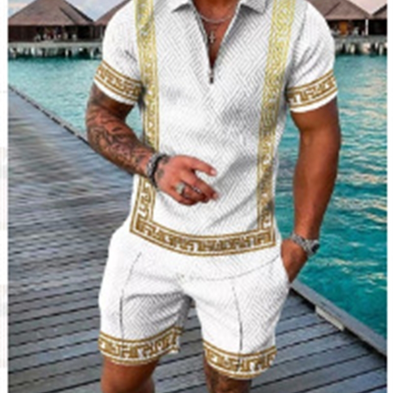 Mens Summer suit Polo Tracksuit Set Men Short Sleeve Zipper Polo t-Shirt and Shorts Set 2 Piece Suit for boy with shorts 250704